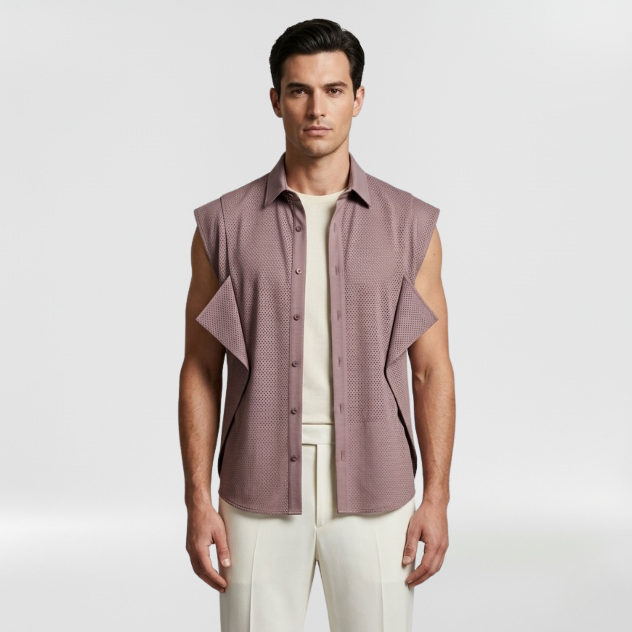 Architectural Micro-Mesh Panel Sleeveless Shirt with Sculptural Seaming