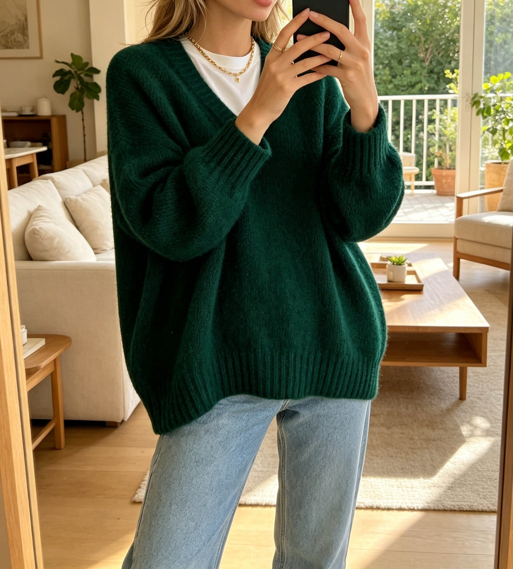 Loose V-Neck Knit Sweater - Soft and Relaxed