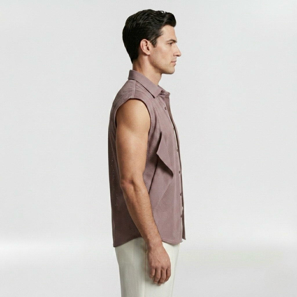 Architectural Micro-Mesh Panel Sleeveless Shirt with Sculptural Seaming