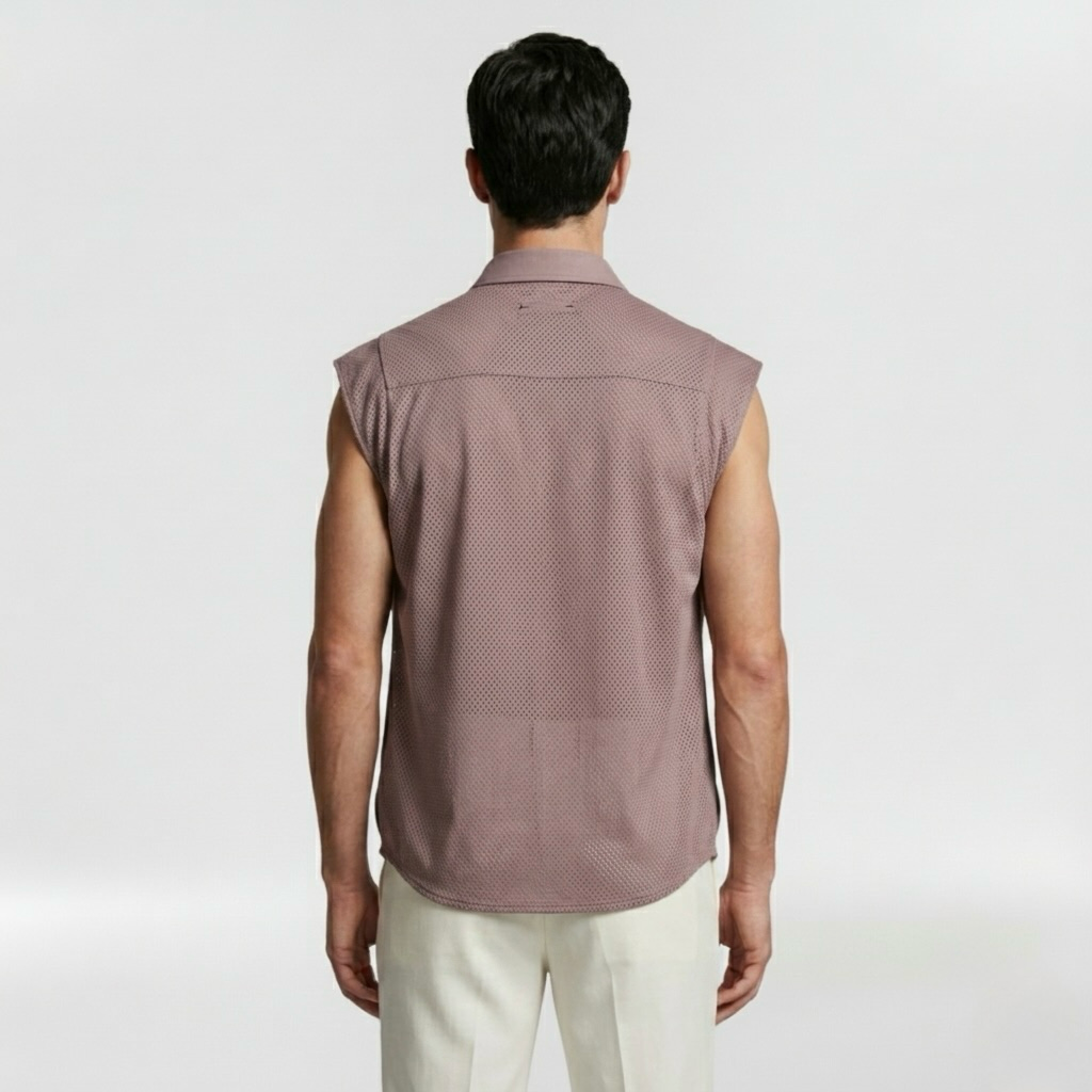 Architectural Micro-Mesh Panel Sleeveless Shirt with Sculptural Seaming