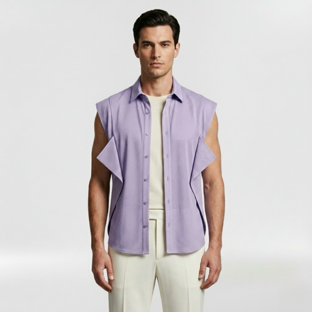 Architectural Micro-Mesh Panel Sleeveless Shirt with Sculptural Seaming