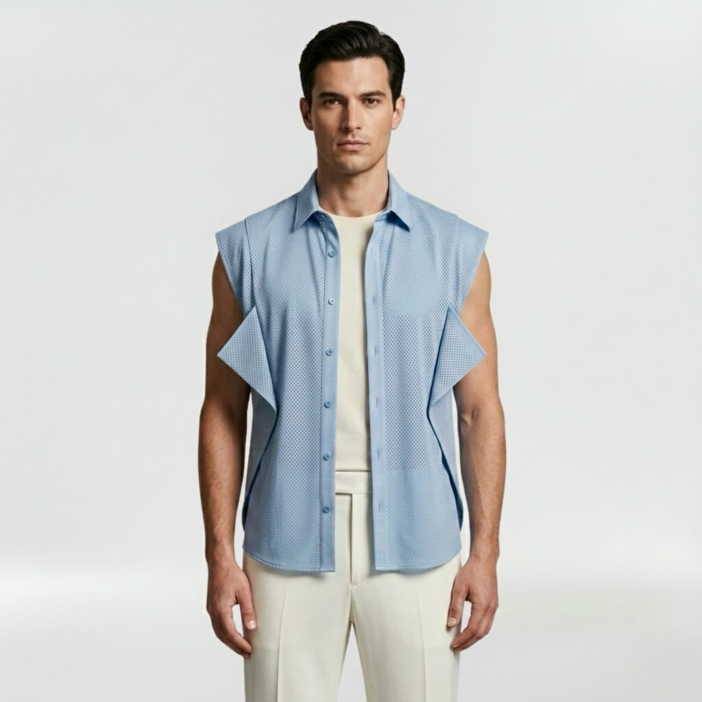 Architectural Micro-Mesh Panel Sleeveless Shirt with Sculptural Seaming