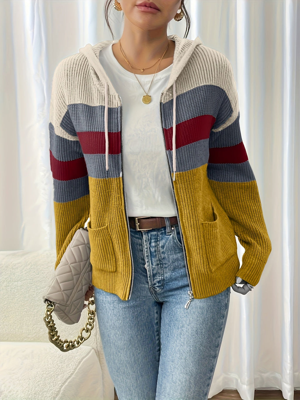Women’s Color Block Hooded Zip Cardigan – Cozy Casual Layer