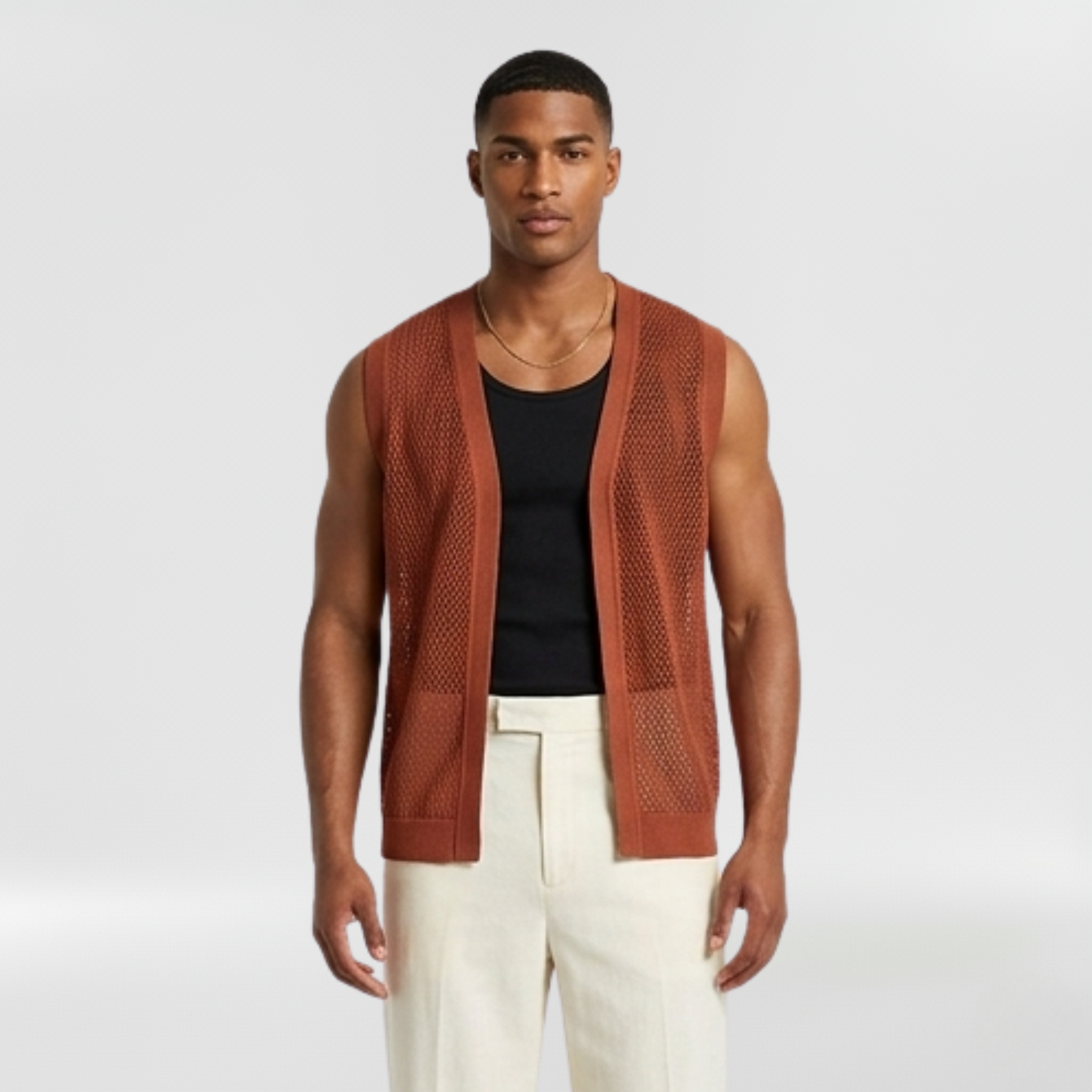 Open-Knit Resort Vest with Relaxed Open-Front Silhouette