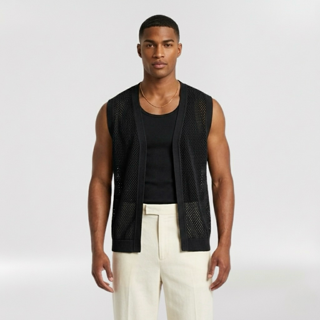 Open-Knit Resort Vest with Relaxed Open-Front Silhouette
