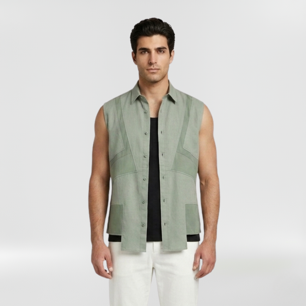 Tailored Panel Sleeveless Overshirt with Structured Utility Detailing