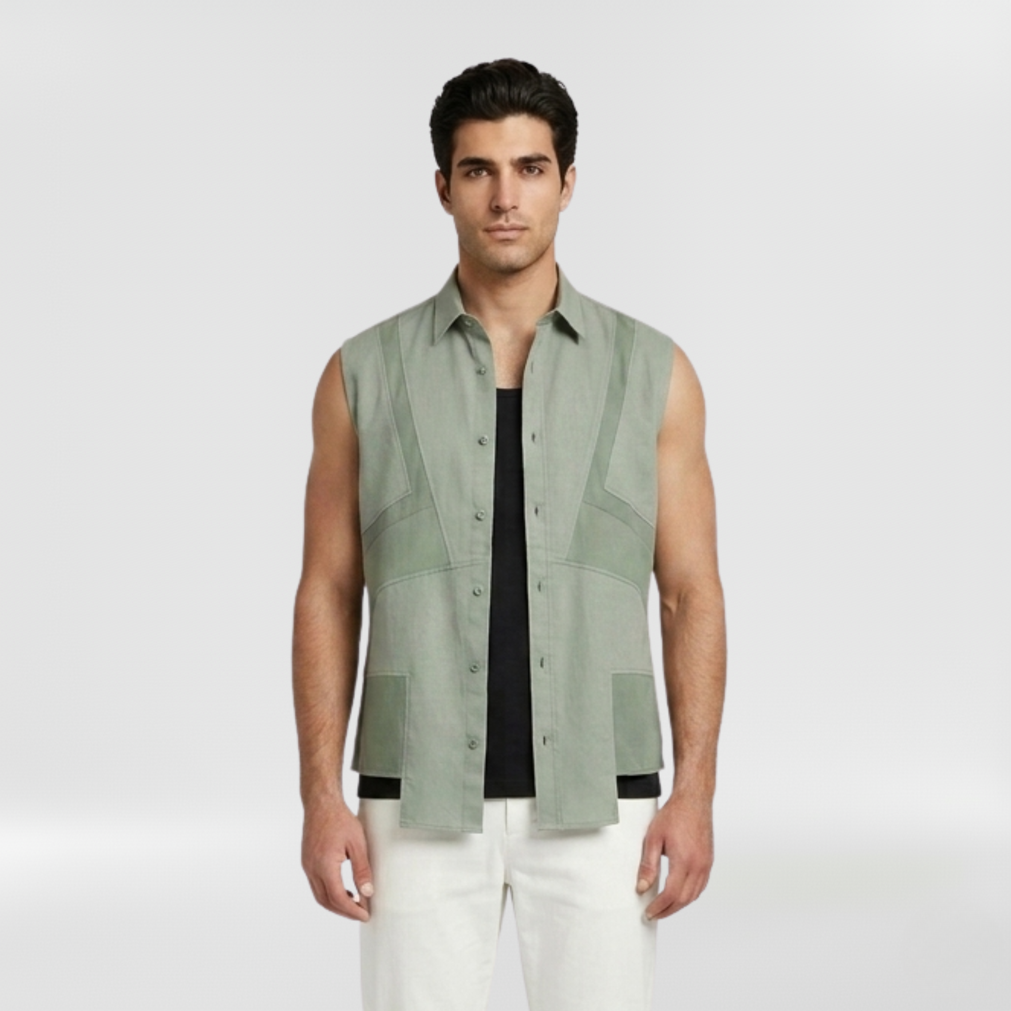 Tailored Panel Sleeveless Overshirt with Structured Utility Detailing
