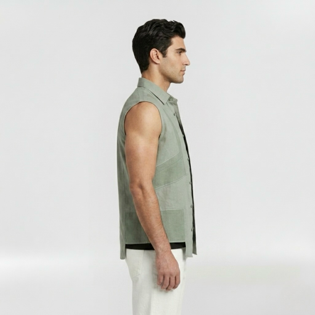 Tailored Panel Sleeveless Overshirt with Structured Utility Detailing