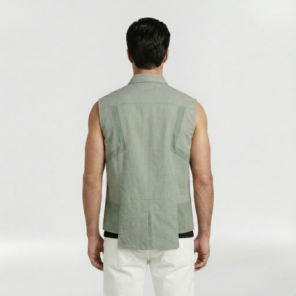 Tailored Panel Sleeveless Overshirt with Structured Utility Detailing