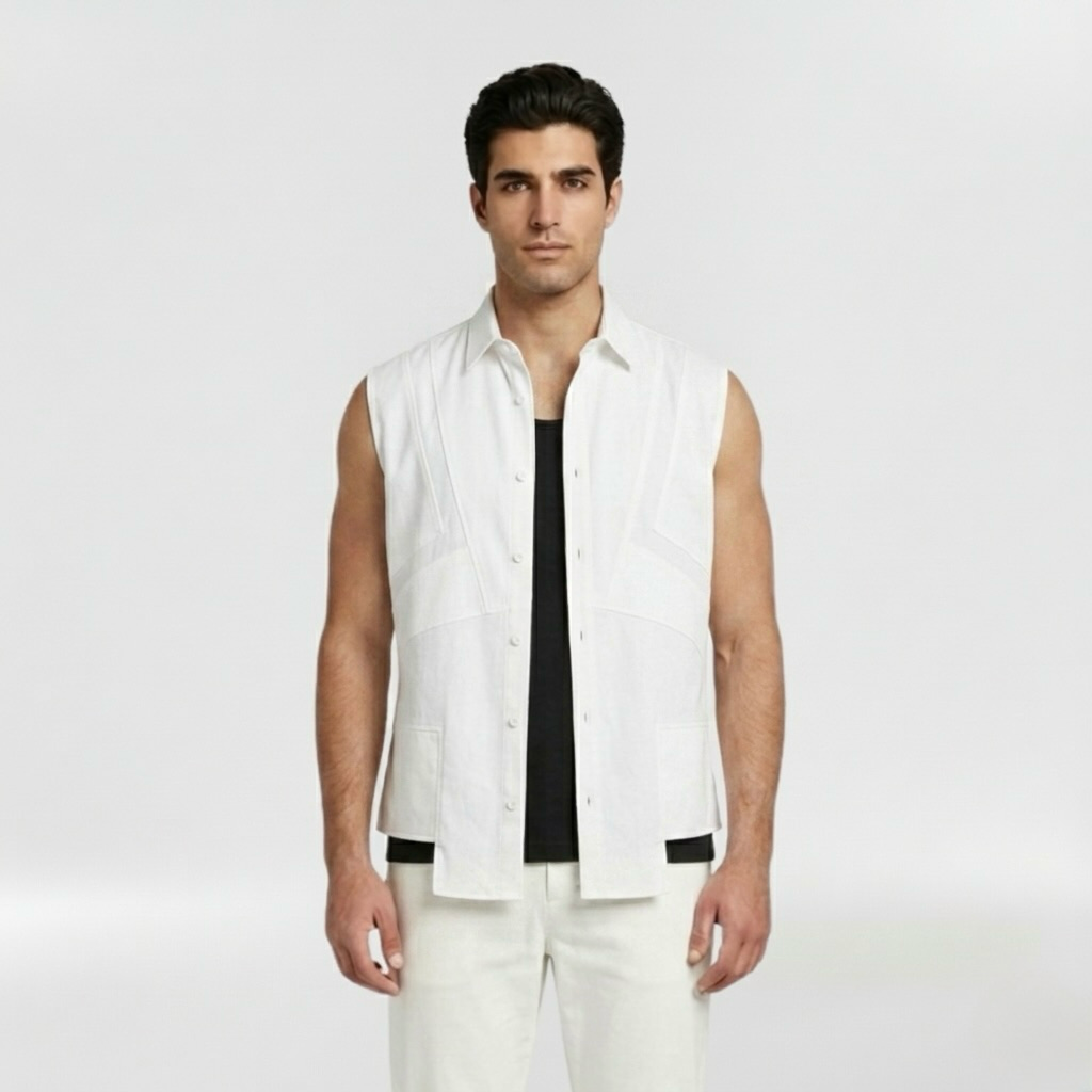 Tailored Panel Sleeveless Overshirt with Structured Utility Detailing