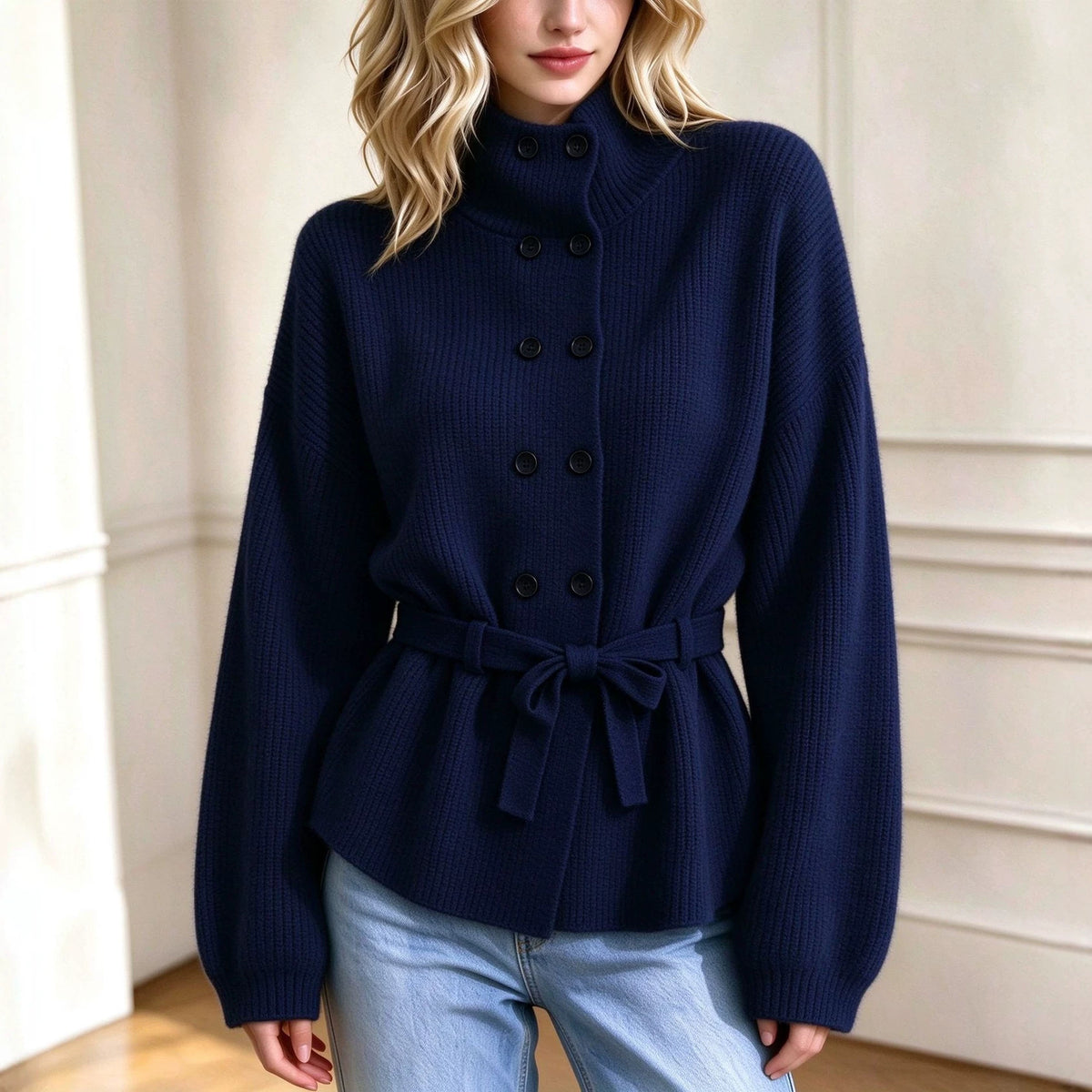 Women’s Double-Breasted Knit Coat – Elegant Long Sleeve Outerwear