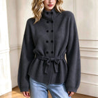 Women’s Double-Breasted Knit Coat – Elegant Long Sleeve Outerwear