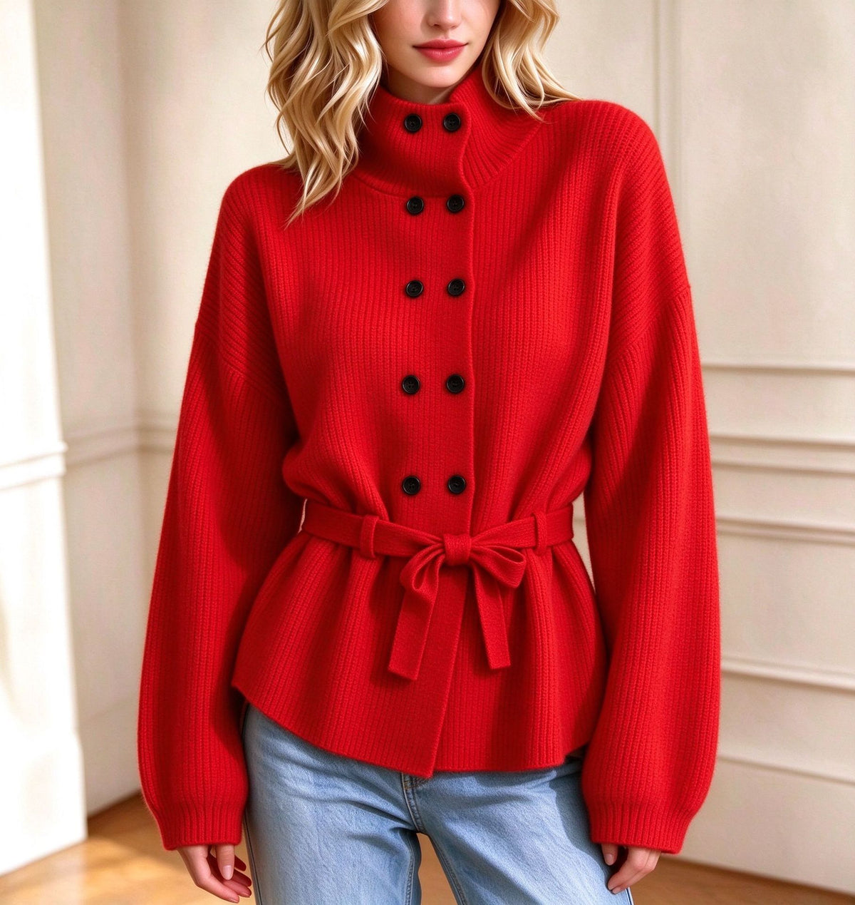 Women’s Double-Breasted Knit Coat – Elegant Long Sleeve Outerwear