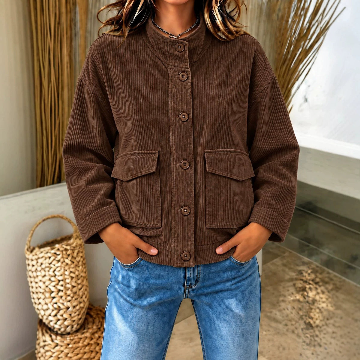 Pocket Corduroy Button-Up Top - Casual and Practical