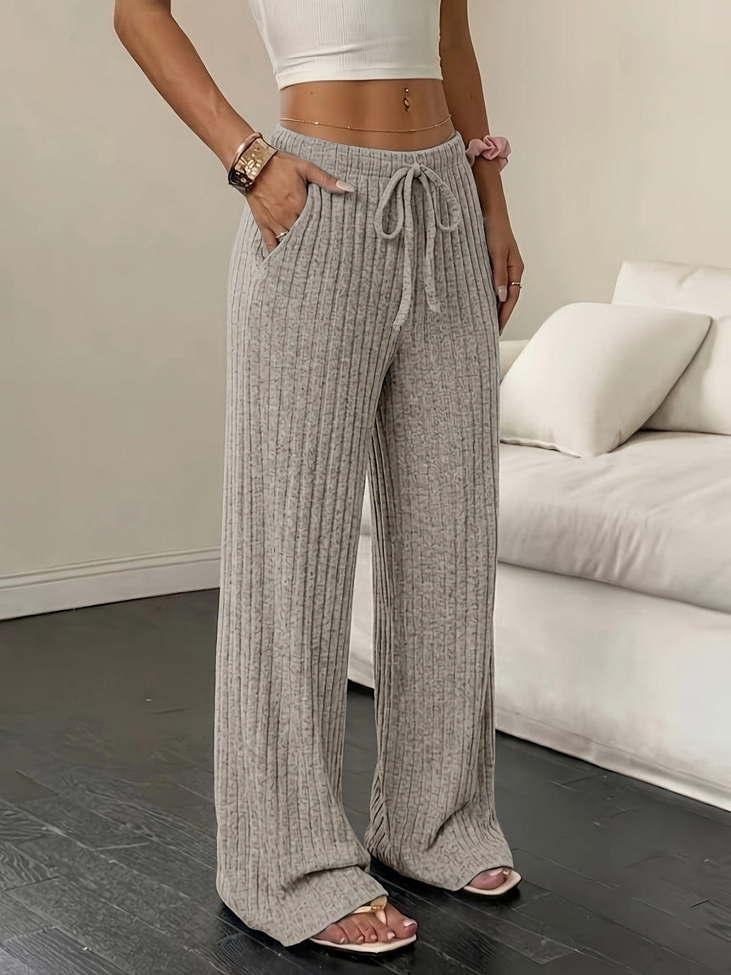 Women’s Wide-Leg Ribbed Knit Pants – Comfortable Casual Fit