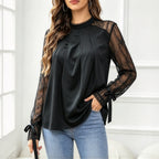 High-Neck Pleated Lace Blouse - Elegant and Refined