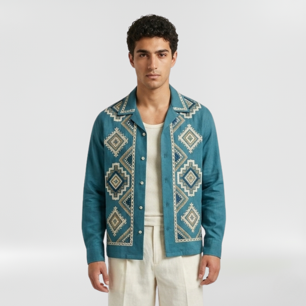 Geometric Embroidered Resort Overshirt with Artisanal Detailing