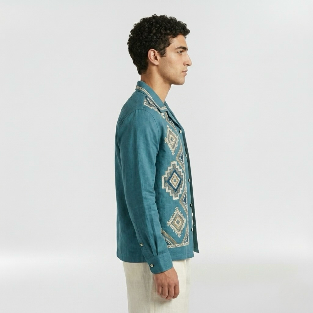 Geometric Embroidered Resort Overshirt with Artisanal Detailing