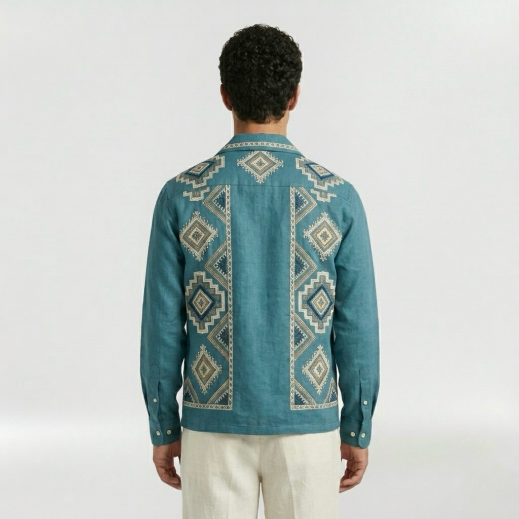 Geometric Embroidered Resort Overshirt with Artisanal Detailing