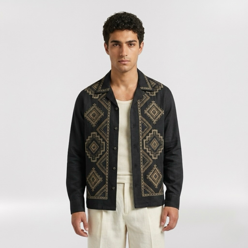Geometric Embroidered Resort Overshirt with Artisanal Detailing