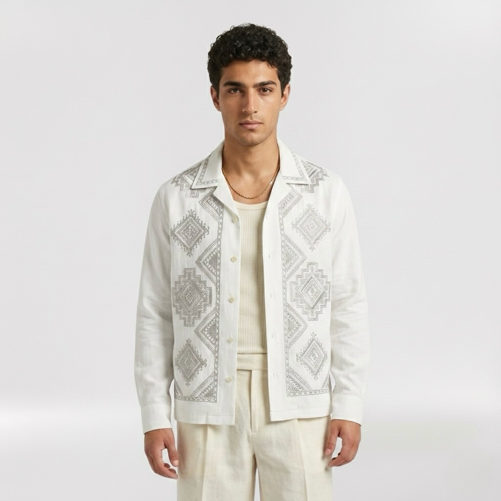 Geometric Embroidered Resort Overshirt with Artisanal Detailing
