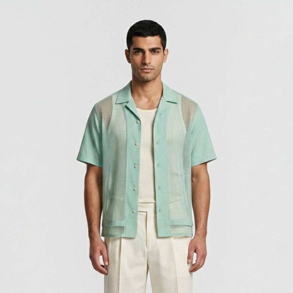 Mesh Panel Resort Camp Shirt with Semi-Sheer Side Panels