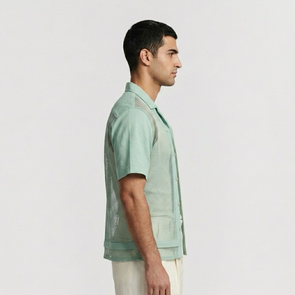 Mesh Panel Resort Camp Shirt with Semi-Sheer Side Panels