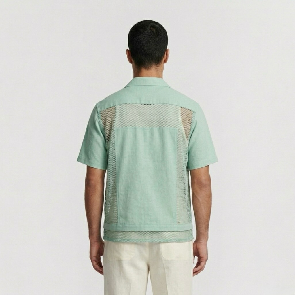Mesh Panel Resort Camp Shirt with Semi-Sheer Side Panels