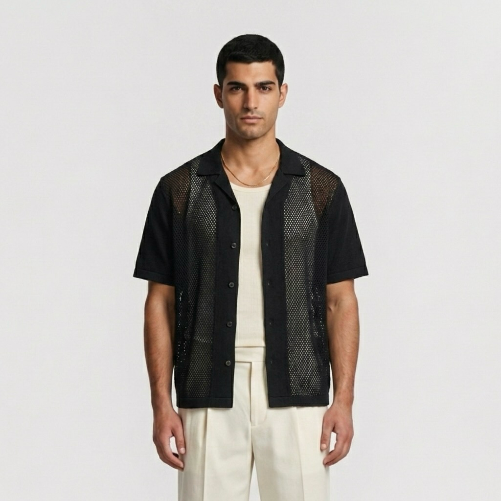 Mesh Panel Resort Camp Shirt with Semi-Sheer Side Panels