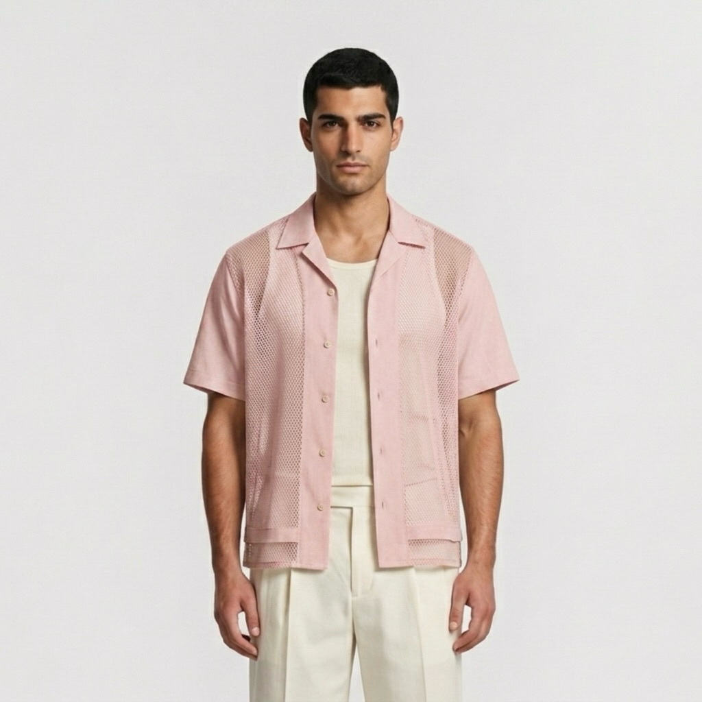 Mesh Panel Resort Camp Shirt with Semi-Sheer Side Panels