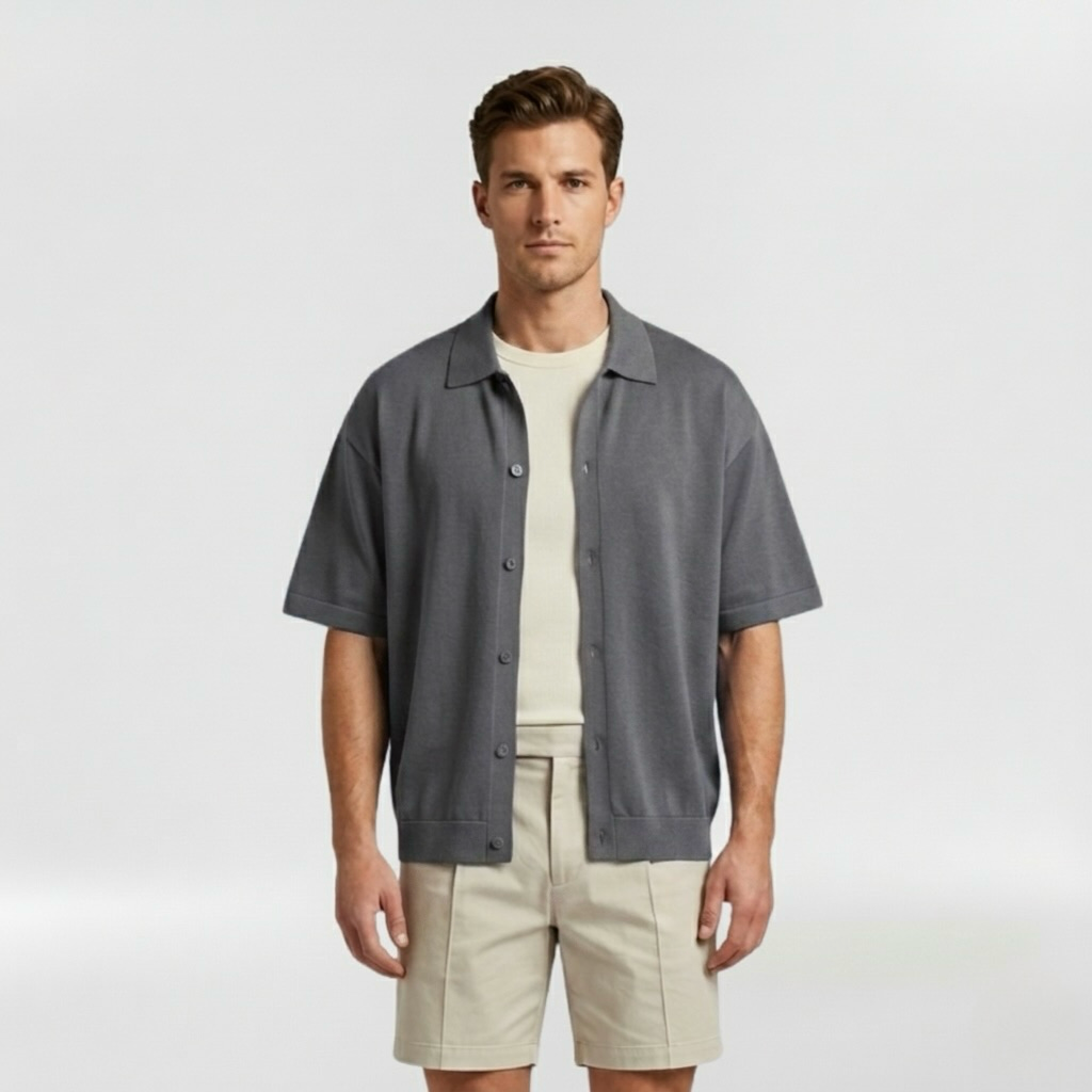 Relaxed Fine-Knit Resort Overshirt with Camp-Inspired Collar