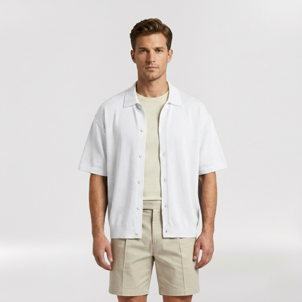 Relaxed Fine-Knit Resort Overshirt with Camp-Inspired Collar