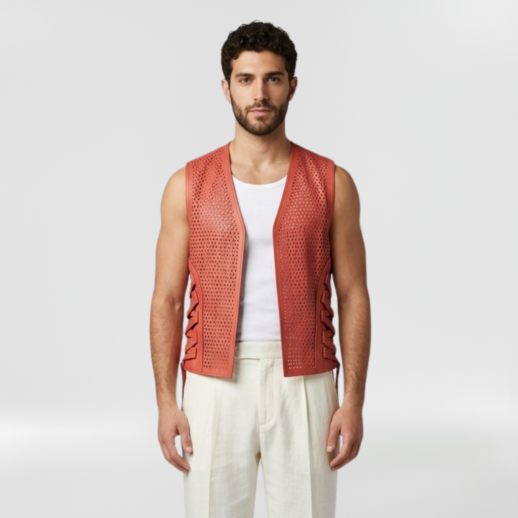 Perforated Side-Lace Statement Vest with Allover Cutwork