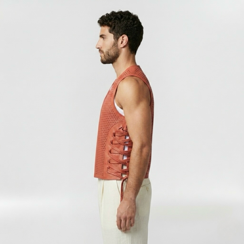 Perforated Side-Lace Statement Vest with Allover Cutwork