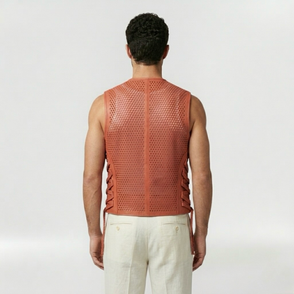 Perforated Side-Lace Statement Vest with Allover Cutwork
