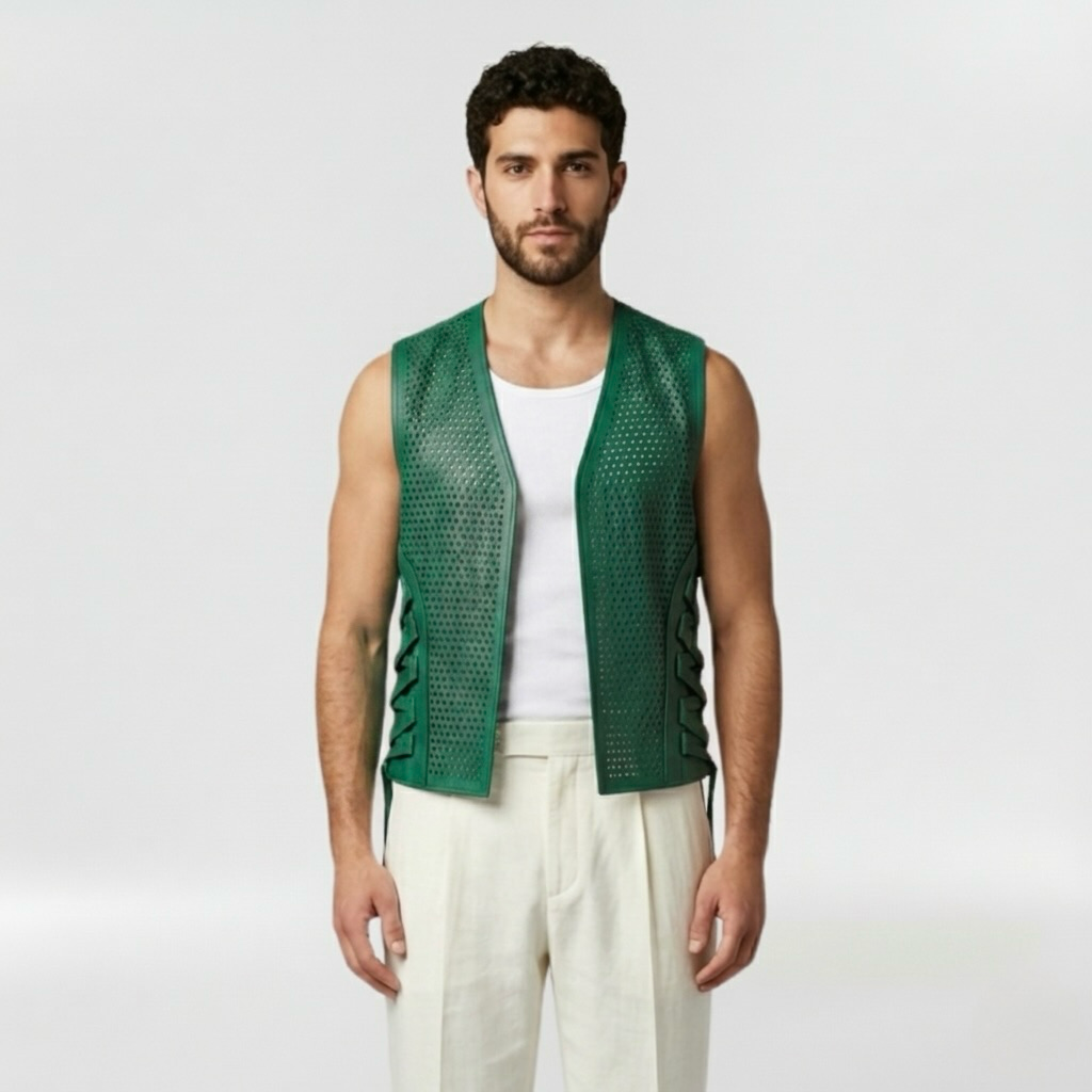 Perforated Side-Lace Statement Vest with Allover Cutwork