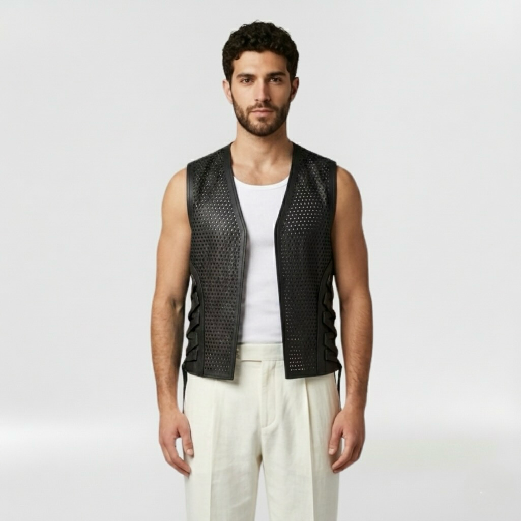 Perforated Side-Lace Statement Vest with Allover Cutwork