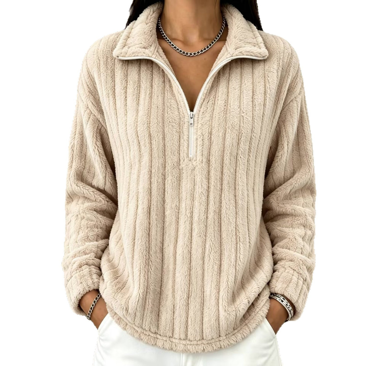 Women’s Ribbed Zip-Collar Sweater - Warm and Comfortable