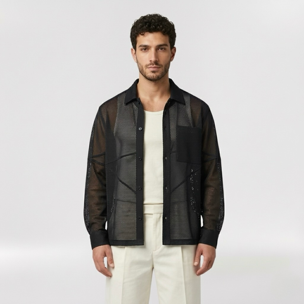 Sheer Technical Mesh Overshirt with Semi-Transparent Construction