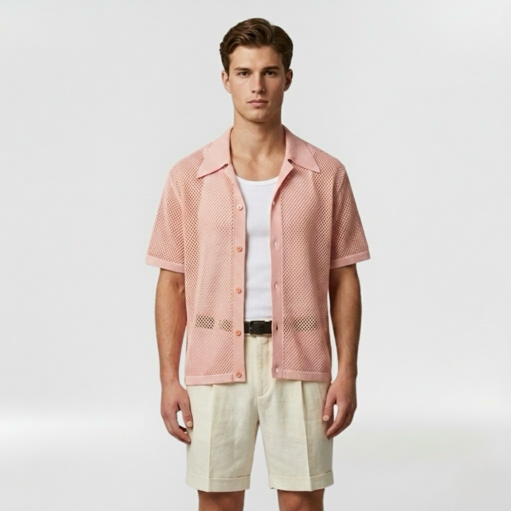 Open Mesh Resort Overshirt with Lightweight Button-Front Styling