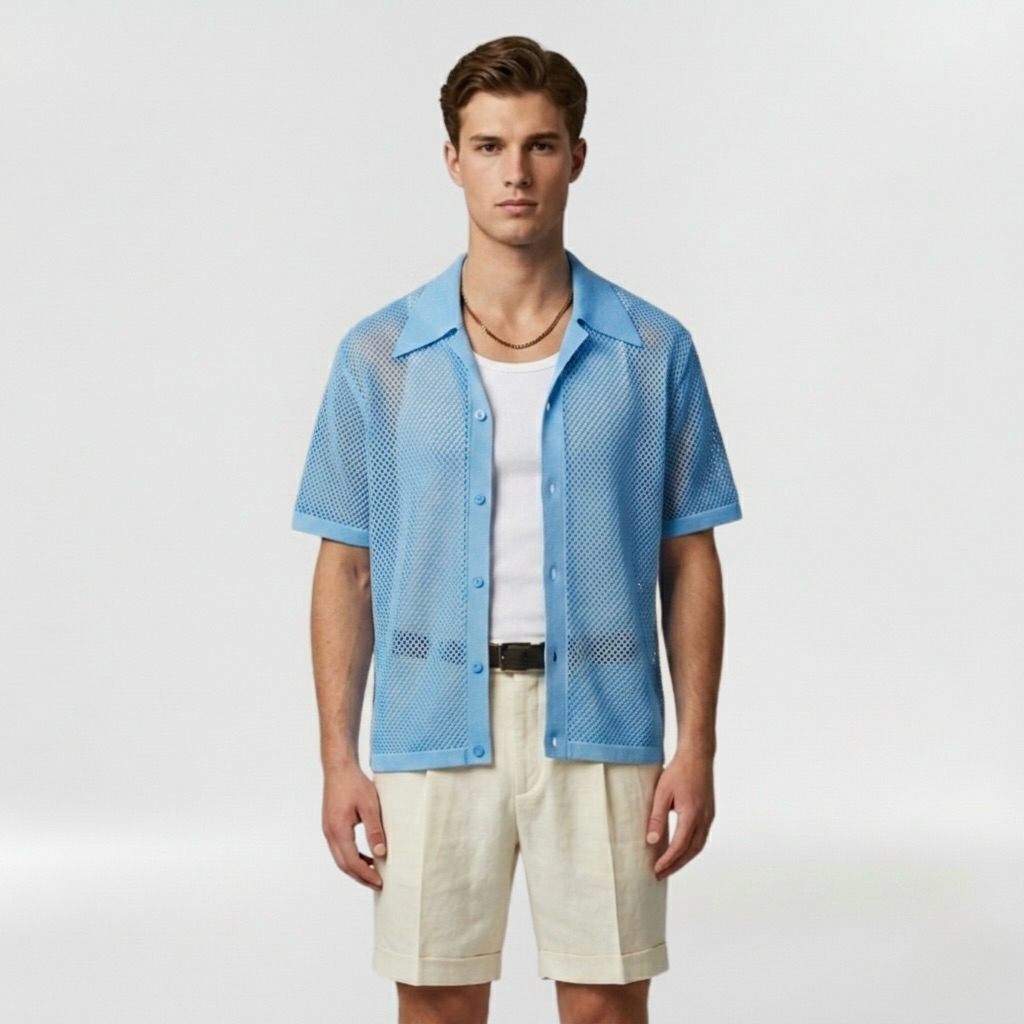 Open Mesh Resort Overshirt with Lightweight Button-Front Styling