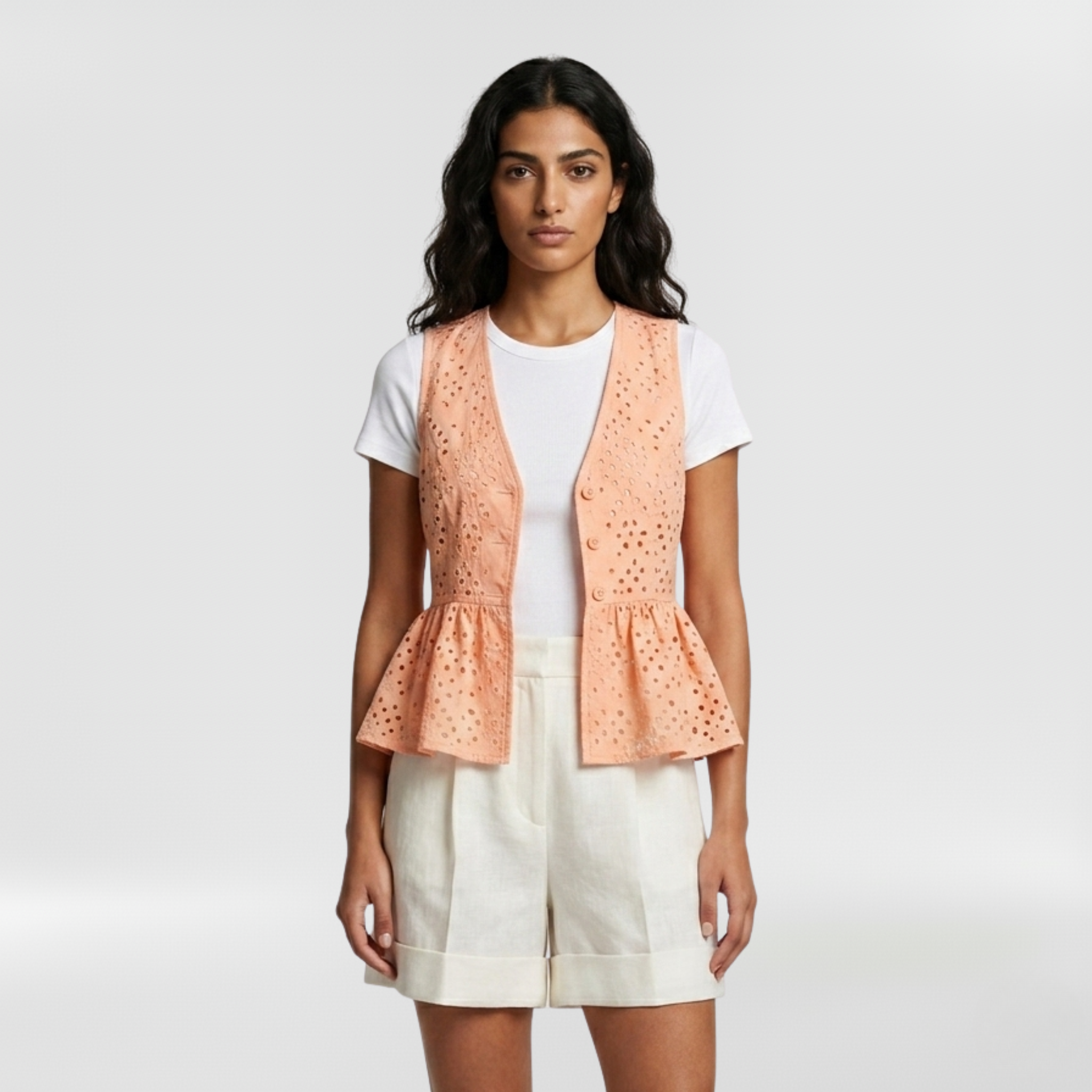 Eyelet Peplum Tailored Vest with Allover Cutwork and Button Front
