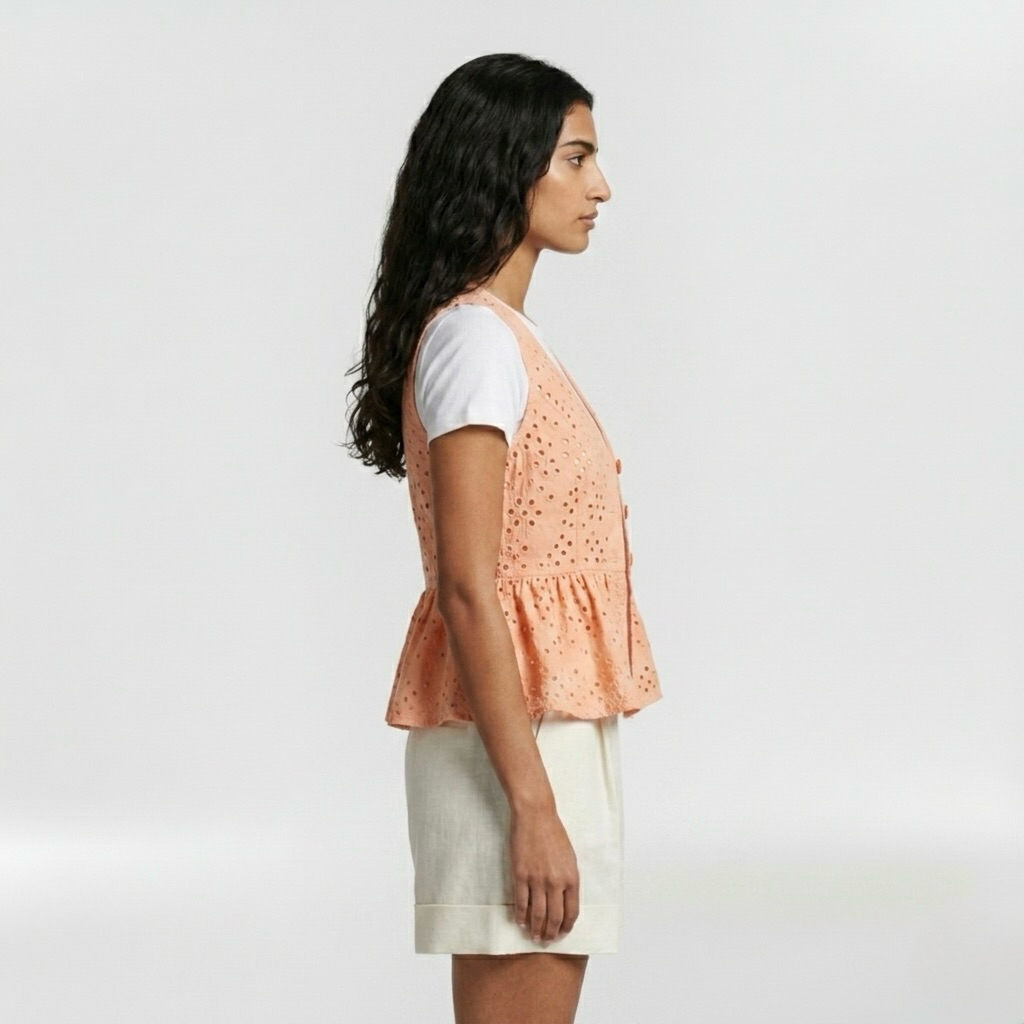 Eyelet Peplum Tailored Vest with Allover Cutwork and Button Front