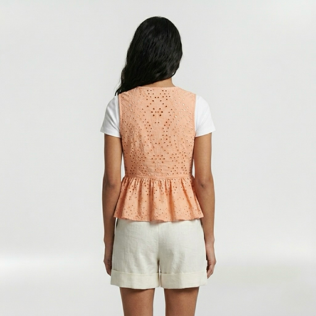 Eyelet Peplum Tailored Vest with Allover Cutwork and Button Front