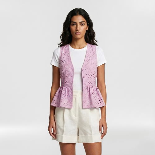 Eyelet Peplum Tailored Vest with Allover Cutwork and Button Front