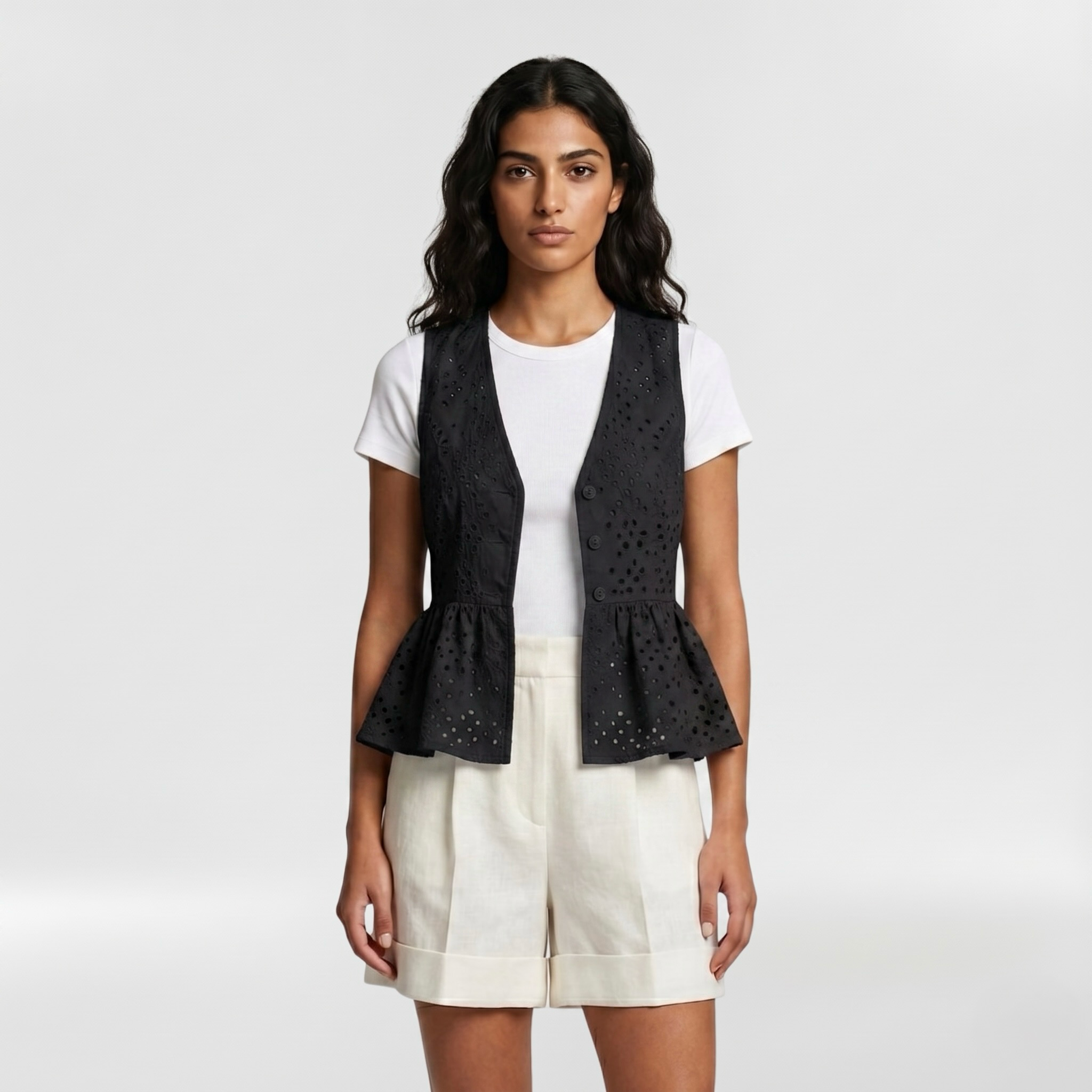 Eyelet Peplum Tailored Vest with Allover Cutwork and Button Front