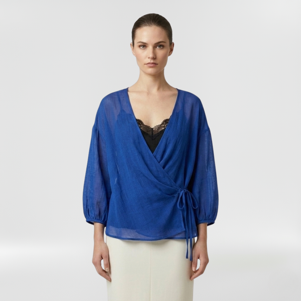 Sheer Wrap Tie Blouse with Fluid Draping and Waist Tie