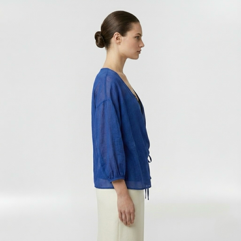 Sheer Wrap Tie Blouse with Fluid Draping and Waist Tie