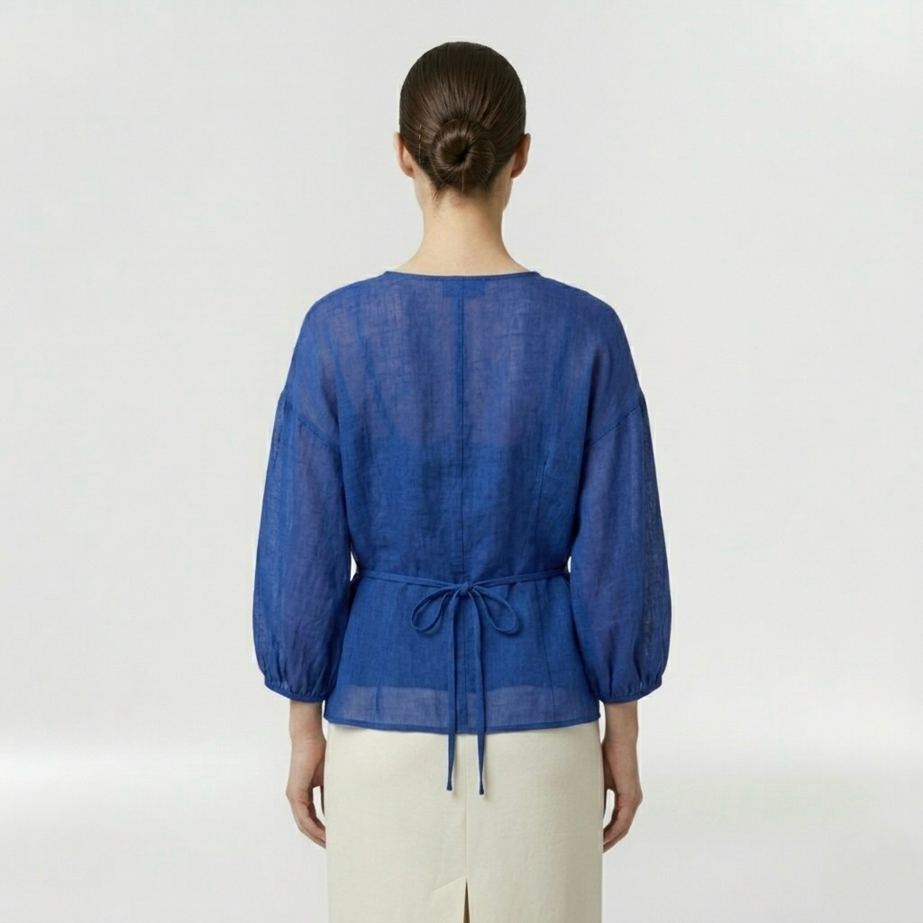 Sheer Wrap Tie Blouse with Fluid Draping and Waist Tie