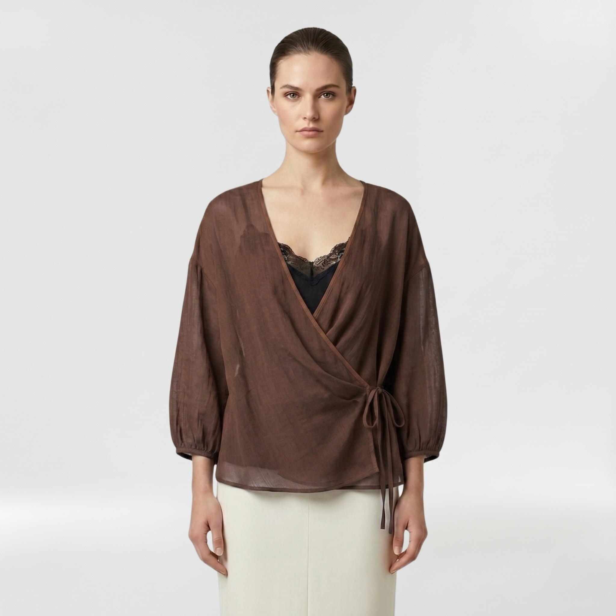 Sheer Wrap Tie Blouse with Fluid Draping and Waist Tie